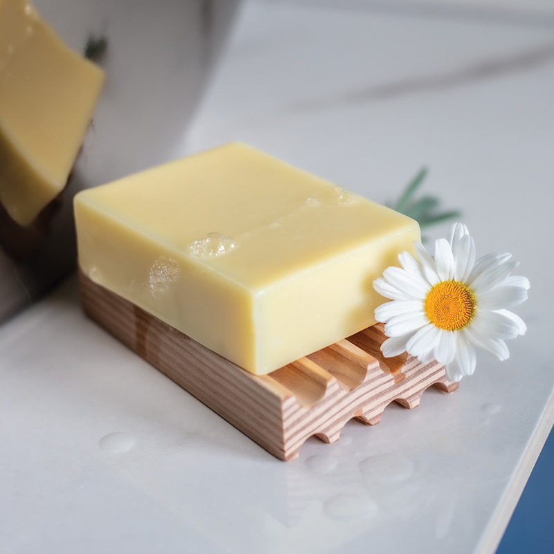 Calming Chamomile Soap Bar by Coraline Skincare & Douglas Fir Soap Rack 